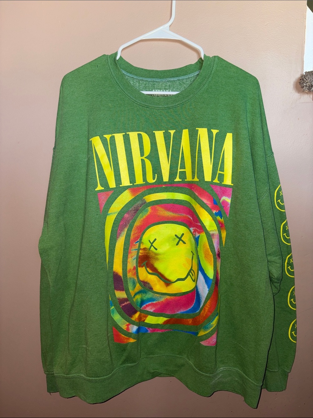 NIRVANA Green Crewneck with Multicolor Smiley Graphic - Picture 1 of 6
